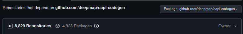 GitHub's "used by" interface for deepmap/oapi-codegen, showing ~9k repos and ~5k packages using the project