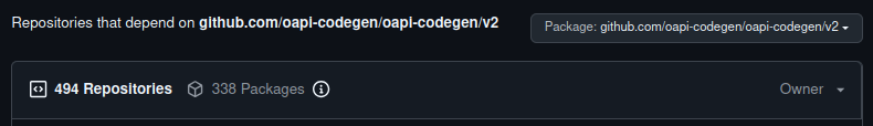 GitHub's "used by" interface for oapi-codegen/oapi-codegen/v2, showing ~500 repos and ~300 packages using the project